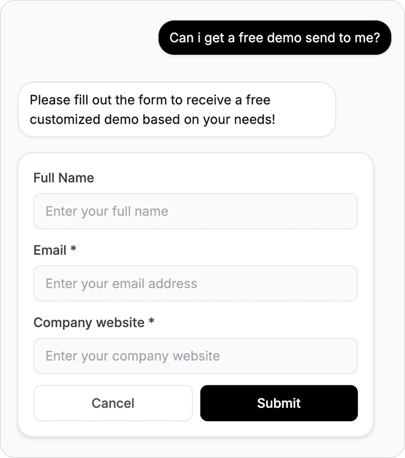 Chat interface showing lead capture form with fields for name, email, and company website