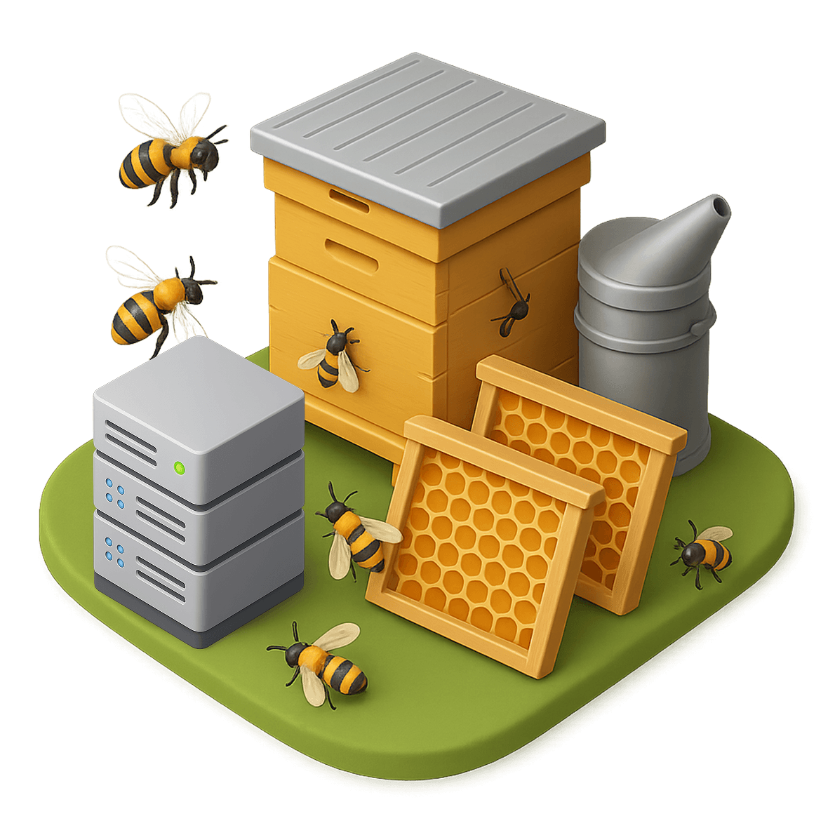Testing and adjustment illustration with beehive and server